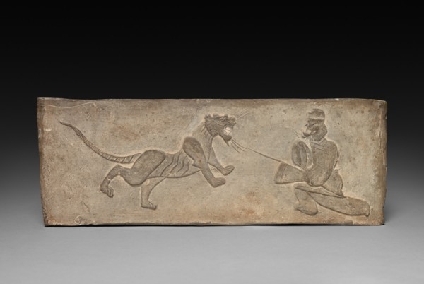 Panel from Model Cooking Stove: Lancer Jousting with a Tiger, 1st Century BC. Creator: Unknown.