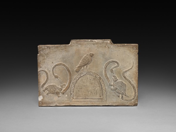 Panel from Model Cooking Stove: Raven Flanked by Snake-Entwined Tortoises, 1st Century BC. Creator: Unknown.