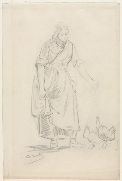Peasant Girl Feeding Chickens, 1800s(?). Creator: Jean Baptiste Camille Corot (French, 1796-1875).
