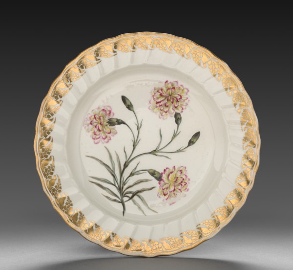 Plate from Dessert Service: Picatee Carnation, c. 1800. Creator: Derby (Crown Derby Period) (British).