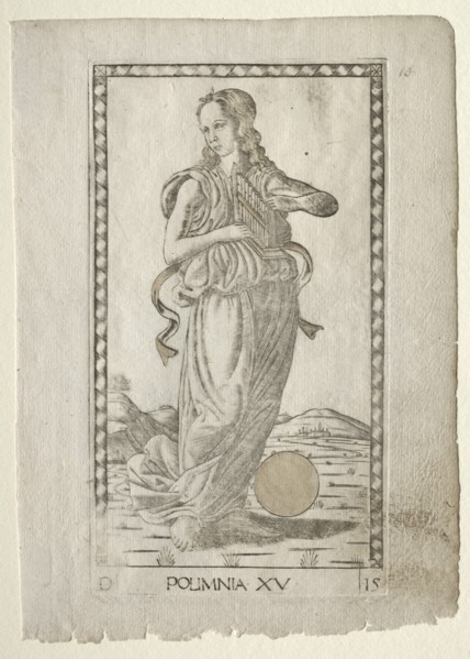 Polyhymnia (heroic hymns) (from the Tarocchi series D..., before 1467. Creator: Master of the E-Series Tarocchi (Italian, 15th century).