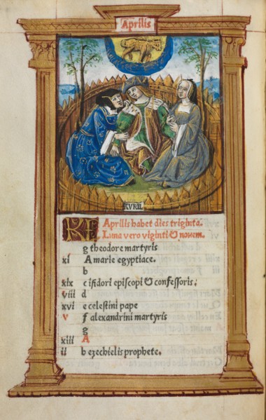 Printed Book of Hours (Use of Rome): fol. 5v, April calendar illustration, 1510. Creator: Guillaume Le Rouge (French, Paris, active 1493-1517).