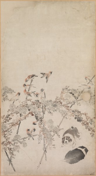Puppies, Sparrows and Chrysanthemums, 1754-1799. Creator: Nagasawa Rosetsu (Japanese, 1754-1799).