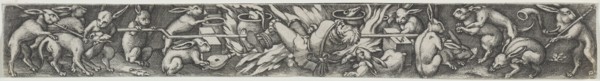 Rabbits Roasting a Hunter and His Dogs. Creator: Virgilius Solis (German, 1514-1562).