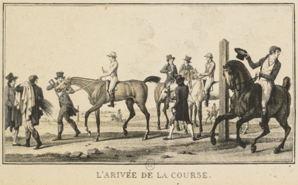 Racing Scenes: A Horse Arriving at the Race (Scènes Hippiques: Cheval arrivant de la chasse). Creator: Carle Vernet (French, 1758-1836); Jazet and Aumont.