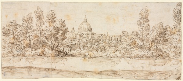 River Landscape with View of St. Peter's Basilica, after 1660. Creator: Giovanni Francesco Grimaldi (Italian, 1606-1680), circle of.