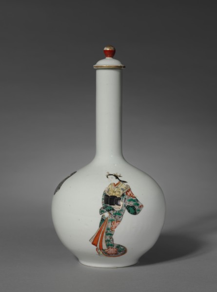 Sake Bottle with Three Figures: Arita Ware, Ko Imari Type, late 1700s. Creator: Unknown.