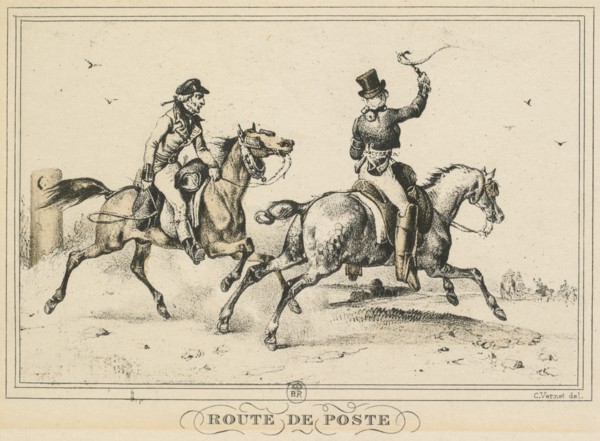 Scenes of Daily Life, Roads and Paths: Mail Route..., 1817. Creator: Carle Vernet (French, 1758-1836); Bance.