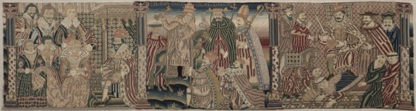 Section of an Embroidered Frieze: Ahasuerus and Esther, The Pope Chiding the Emperor?, 1625-1649. Creator: Unknown.