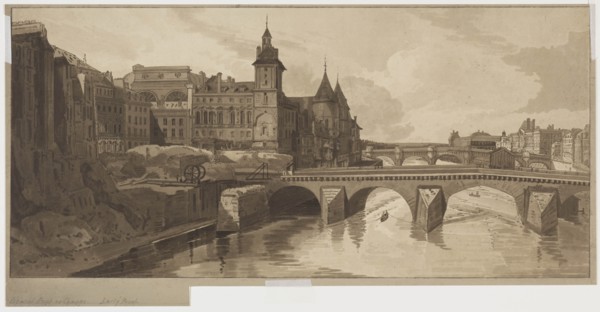 Selection of Twenty of the Most Picturesque Views in Paris:View of Pont au Change, 1802. Creator: Thomas Girtin (British, 1775-1802); Frederick Christian Lewis (British, 1779-1856).