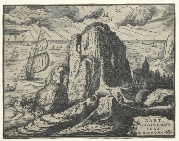 Set of 4 Landscapes: No. 4 - Cliff on the Seashore. Creator: Hendrick Goltzius (Dutch, 1558-1617).
