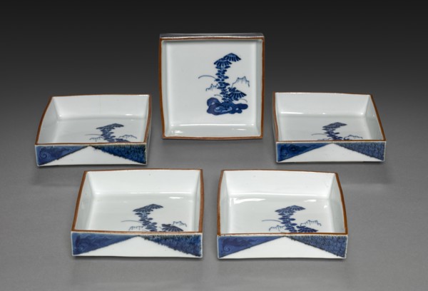 Set of Square Dishes with Rock and Tree Design: Arita Ware, 1700s. Creator: Unknown.