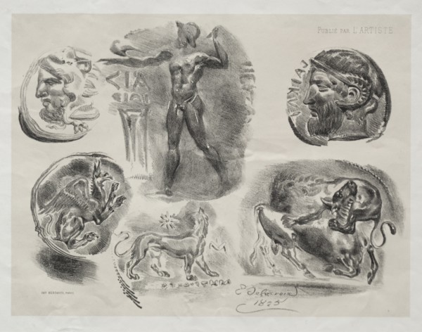 Sheet with Six Antique Medals, 1825. Creator: Eugène Delacroix (French, 1798-1863); Bertauts.