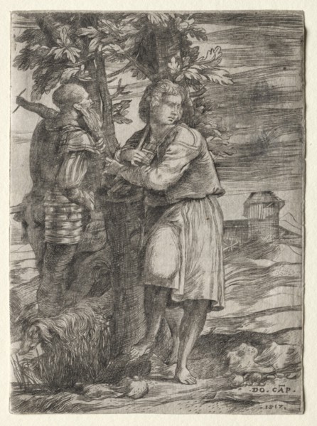 Shepherd and Old Warrior, 1517. Creator: Domenico Campagnola (Italian, 1500-1564).