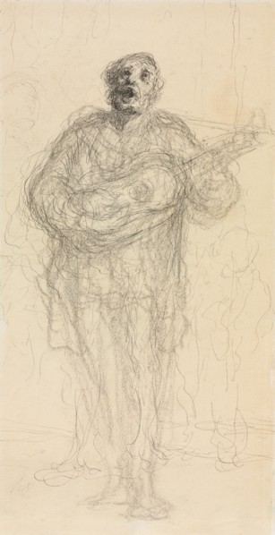 Singing Guitarist (recto); Reclining Woman Leaning on Her Arm (verso), 1855/60. Creator: Honoré Daumier (French, 1808-1879).