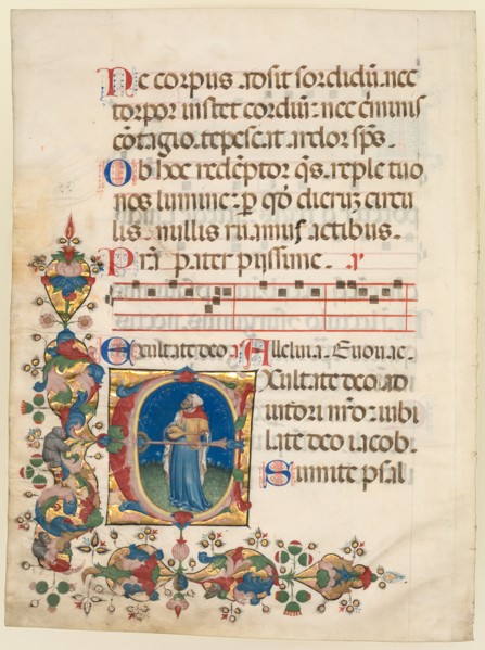 Single Leaf Excised from a Choir Psalter: Initial E[xultate Deo] with King David Playing?, c 1408. Creator: Unknown.