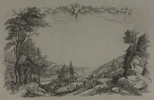Six Views of Heidelberg Castle: Cover, Hunting Scene , 1820. Creator: Ernst Fries (German, 1801-1833).