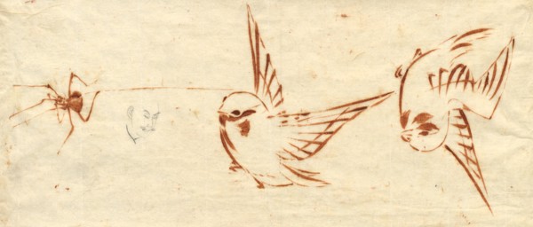 Sketch Page with Birds and Spider. Creator: Katsushika Hokusai (Japanese, 1760-1849), attributed to.