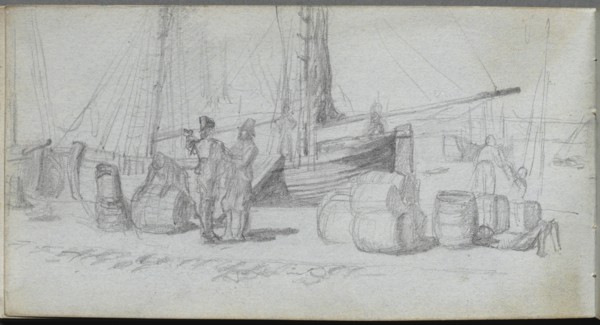 Sketchbook, page 50: Boats, Figures, Cargo on a Beach. Creator: Ernest Meissonier (French, 1815-1891).