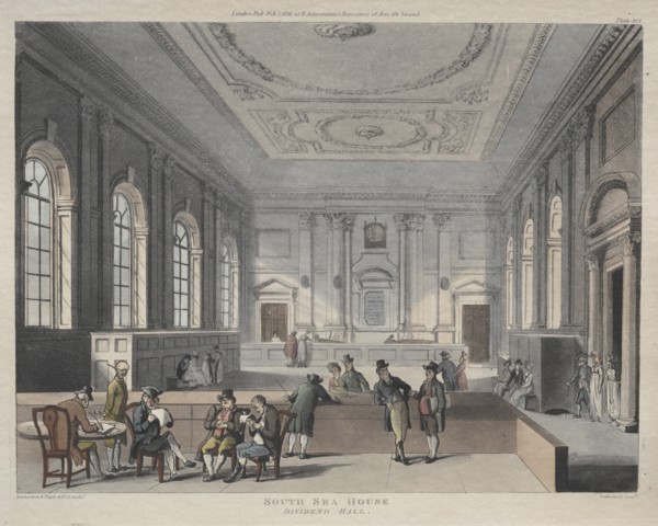 South Sea House, Dividend Hall, 1810. Creator: Thomas Rowlandson (British, 1756-1827); Augustus Charles Pugin (British, 1762-1832), and.