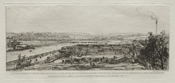 Souvenir artistiques du Siège de Paris: Vue prise du viaduc du Pont-du-Jour..., 1870-71. Creator: Maxime Lalanne (French, 1827-1886); Cadart et Luce.