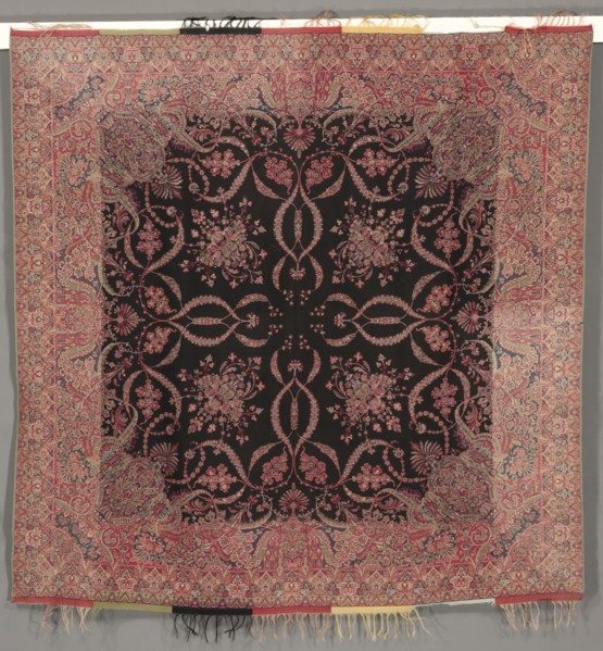 Square Shawl in Renaissance Style with Black Center and Quarter Shawl Layout, 1840s. Creator: Unknown.