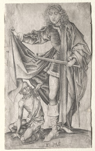 St. Martin Dividing His Cloak for a Beggar. Creator: Israhel van Meckenem (German, c. 1440-1503).
