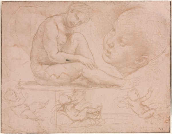 Studies of a Seated Female, Child's Head, and Three Studies of a Baby, c. 1507-8. Creator: Raphael (Italian, 1483-1520).