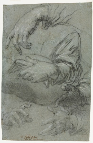 Studies of Hands (recto); Sketch of a Child's Head (verso), c. 1586. Creator: Carletto Caliari (Italian, 1570-1596).