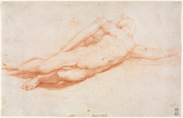 Study of a Fallen Soldier (possibly the Conversion of Saul) (recto), c. 1525. Creator: Correggio (Italian, 1489?-1534), attributed to.