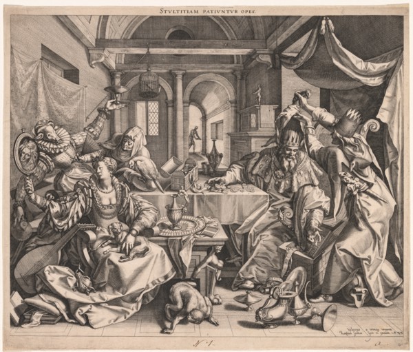 Stultitiam patiuntur opes (Wealth permits Stupidity), or, Allegory of Wealth, Lust, and Stupidity, 1 Creator: Raphael Sadeler (Flemish, 1560/61-1628/32).
