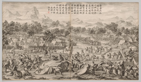 The Battle at Elei Zhalatu: from Battle Scenes of the Quelling of Rebellions...c. 1765-1774. Creator: Unknown.