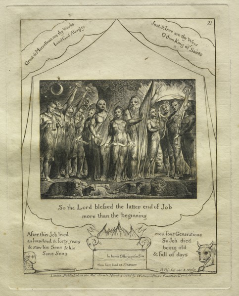 The Book of Job: Pl. 21, So the Lord blessed the latter end of Job / more than the beginning, 1825. Creator: William Blake (British, 1757-1827).