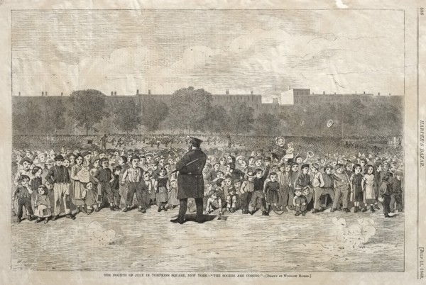 The Fourth of July in Tompkins Square, New York - "The Sogers Are Coming", 1868. Creator: Winslow Homer (American, 1836-1910).