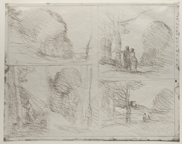 The Garden of Pericles; The Painter's Lane; Scrawl; The Large Woodcutter?, printed in 1921. Creator: Jean Baptiste Camille Corot (French, 1796-1875).
