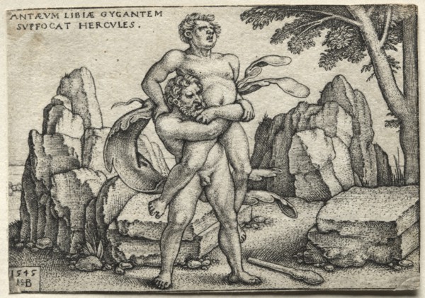 The Labors of Hercules: Hercules Crushing Antaeus, 1545. Creator: Hans Sebald Beham (German, 1500-1550).