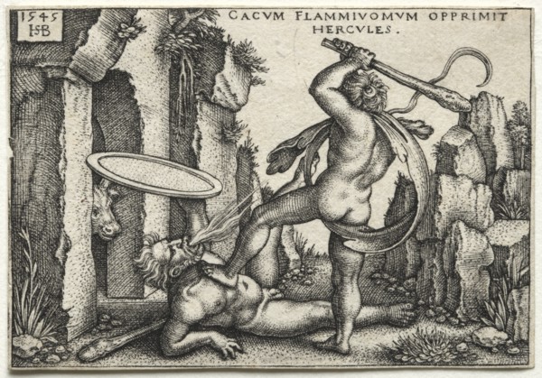 The Labors of Hercules: Hercules Killing the Giant Cacus, 1545. Creator: Hans Sebald Beham (German, 1500-1550).