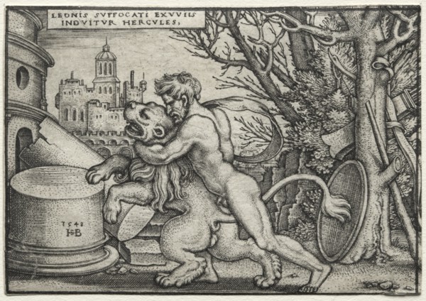The Labors of Hercules: Hercules Strangling the Nemean Lion, 1548. Creator: Hans Sebald Beham (German, 1500-1550).
