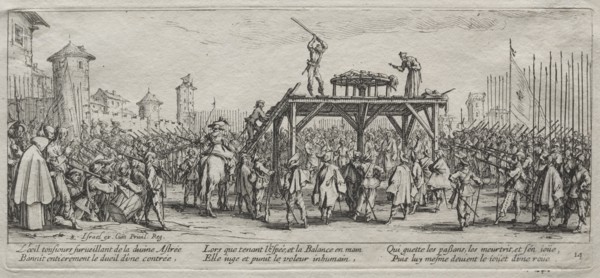 The Large Miseries of War: Execution on the Wheel, 1633. Creator: Jacques Callot (French, 1592-1635).