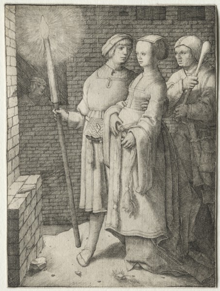 The Man with the Torch and a Woman Followed by a Fool, c. 1508. Creator: Lucas van Leyden (Dutch, 1494-1533).