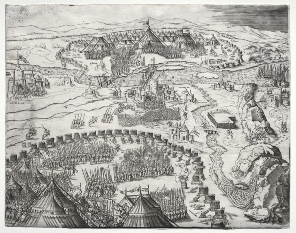 The Position and Camp of the Armies of Charles V and Soliman II, 1532. Creator: Agostino Musi (Italian, 1490-1540).