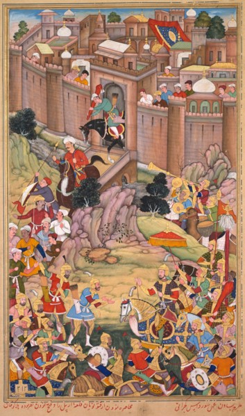 The siege of Arbela in the era of Hulagu Khan, page from a Chingiz-nama..., c. 1596. Creator: Basavana (Indian, active c. 1560-1600); Sur Das (Indian).