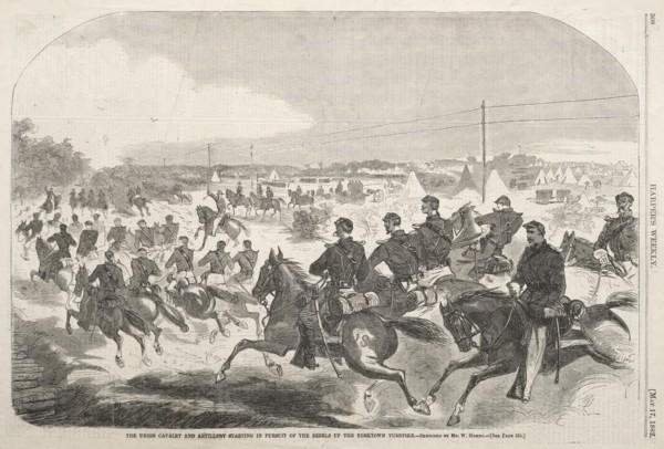 The Union Cavalry and Artillery Starting in Pursuit of the Rebels up the Yorktown Turnpike, 1862. Creator: Winslow Homer (American, 1836-1910).