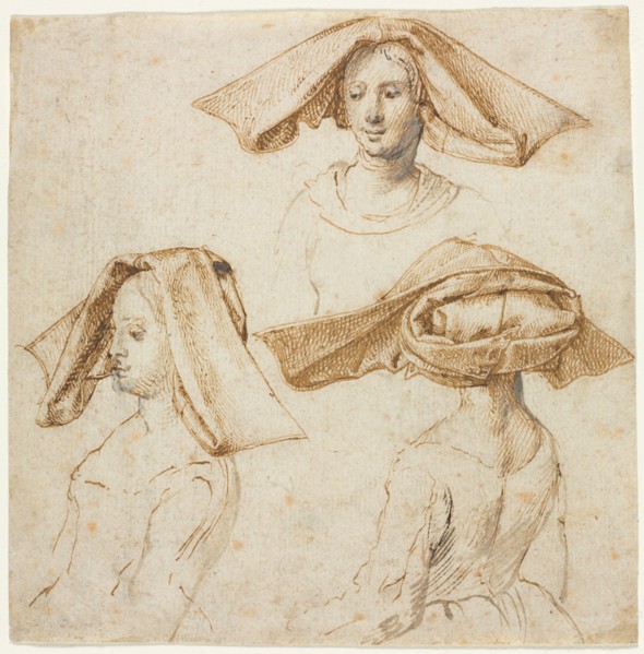 Three Studies of a Woman Wearing an Elaborate Headdress, c. 1500. Creator: Anonymous.