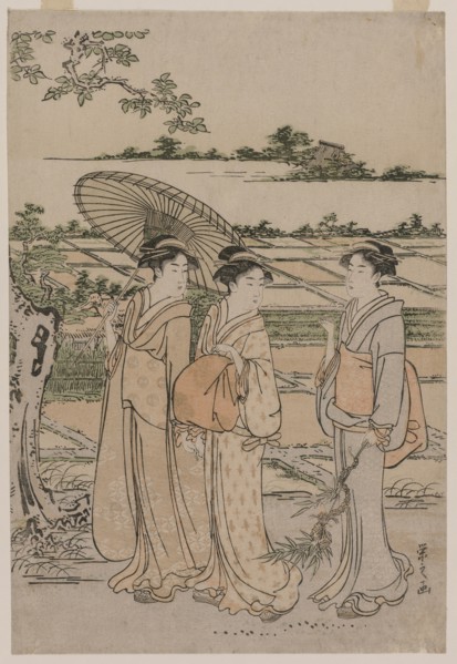 Three Women Strolling in the Countryside, mid 1780s. Creator: Ch?bunsai Eishi (Japanese, 1756-1829).