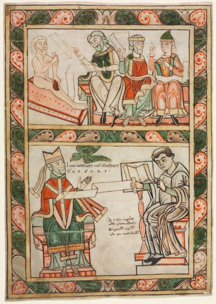 Title Page of St. Gregory's "Moralia": Job Visited by His Three Friends (above)..., c. 1143-1178. Creator: Abbot Frowin (Swiss), probably by.