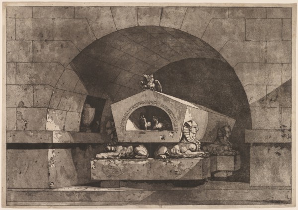 Tomb with Sphinx: Funerary Monument with an Owl on a Sarcophagus Supported by Sphinx, c. 1779-84. Creator: Louis Jean Desprez (French, 1743-1804).