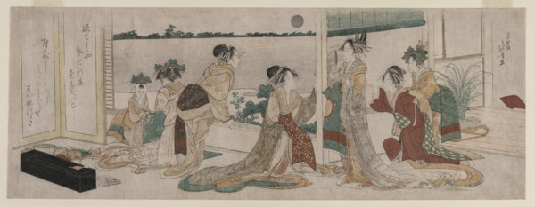 Tsukasa and Other Courtesans of the Ogiya Watching the Autumn Moon Rise..., 1799. Creator: Katsushika Hokusai (Japanese, 1760-1849).
