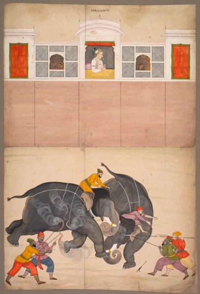 Two Elephants Fighting in a Courtyard Before Muhammad Shah, c. 1730-40. Creator: Nainsukh (Indian, 1710-1778), attributed to.