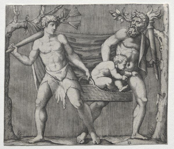Two Fauns Carrying a Child in a Basket, c. 1513-1515. Creator: Marcantonio Raimondi (Italian, 1470/82-1527/34).